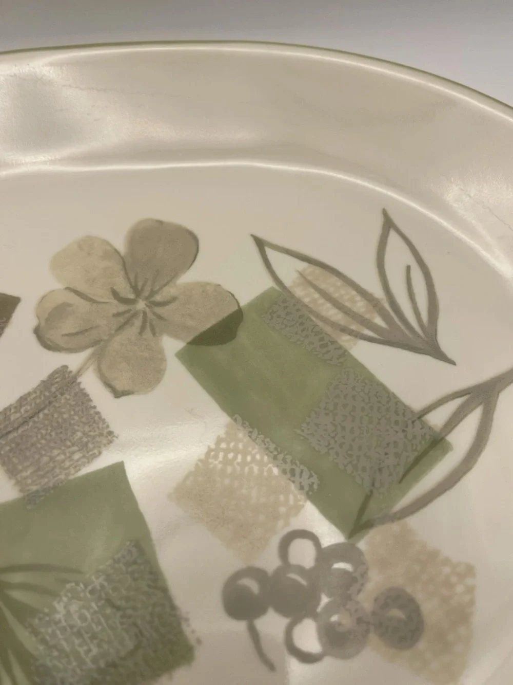 Corelle Textured Leaves Serving Platter 12 inch Oval Cream w/Green Floral Motif